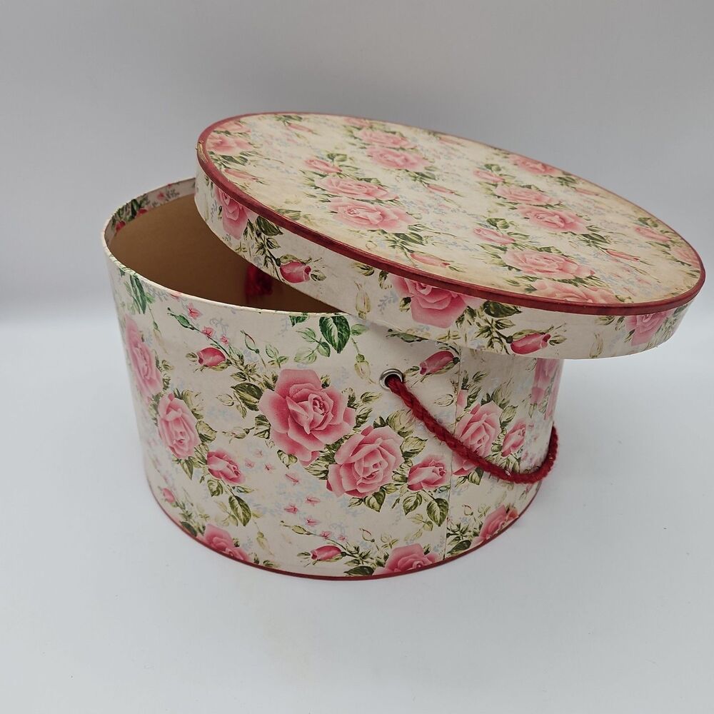 Vintage PINK FLORAL HATBOX w/CORD HANDLE Wallpaper Shabby Chic